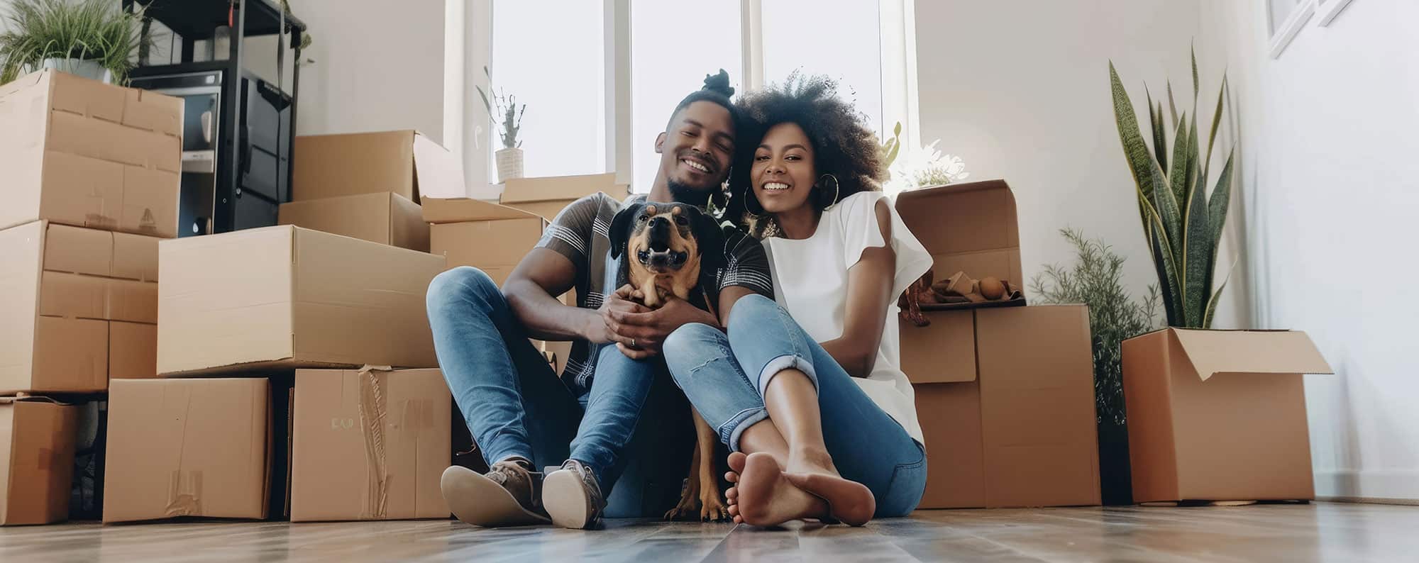 Happy Couple with dog moving house